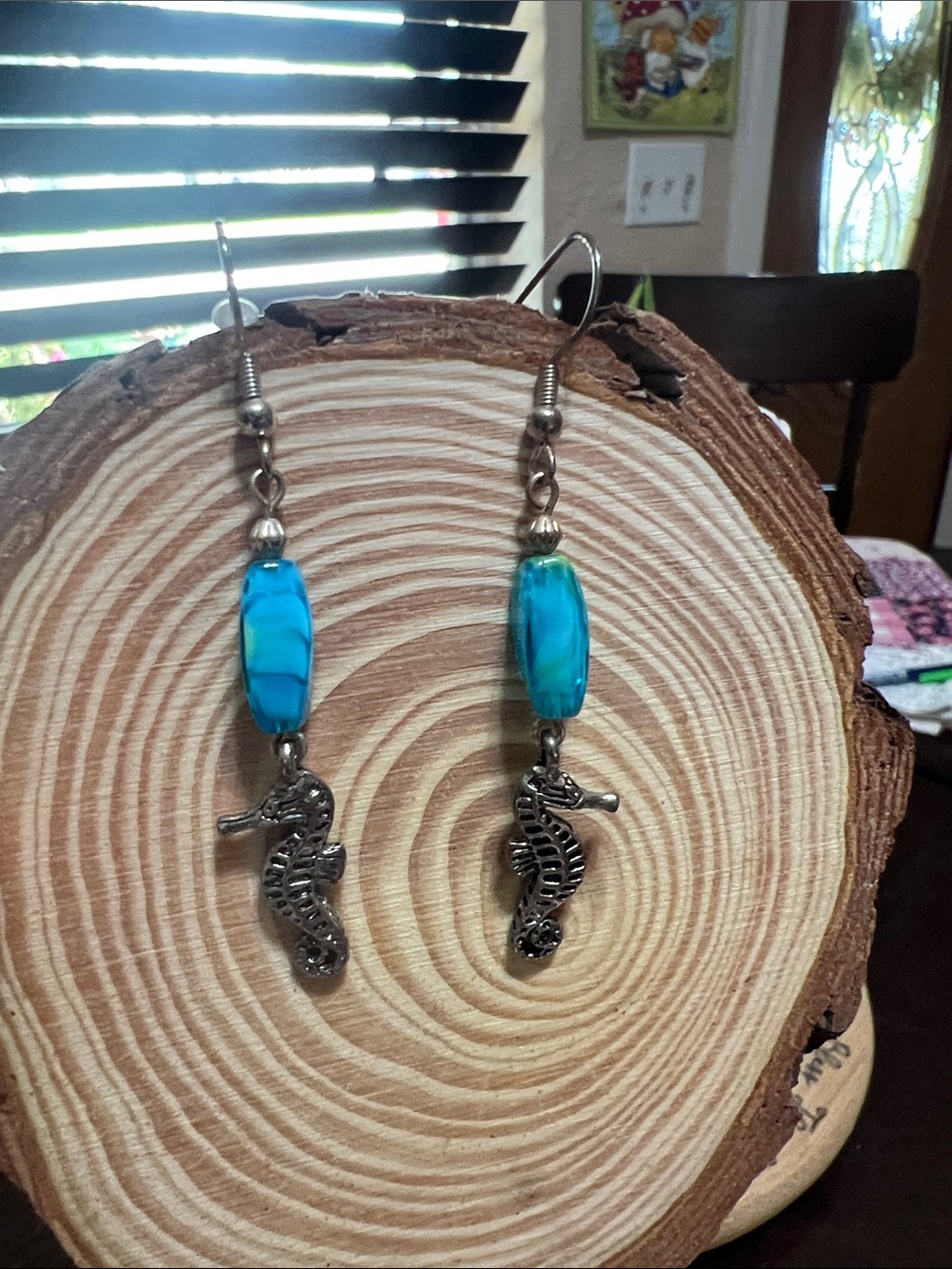 New Handmade Blue Sea Glass Bead Seahorse Drop Earrings - Women Jewelry